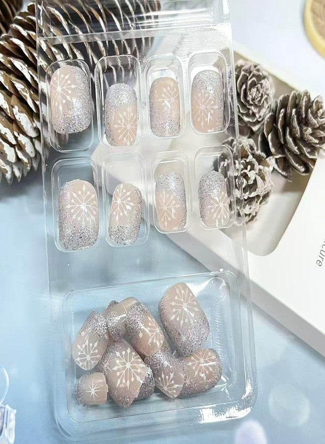Vopintpy White Snowflake Press on Nails Short Square Christmas Fake Nails with Glitter Design Winter Xmas Acrylic False Nail Glossy Reusable Stick on Nail for Women DIY Manicure Decor - Image 4